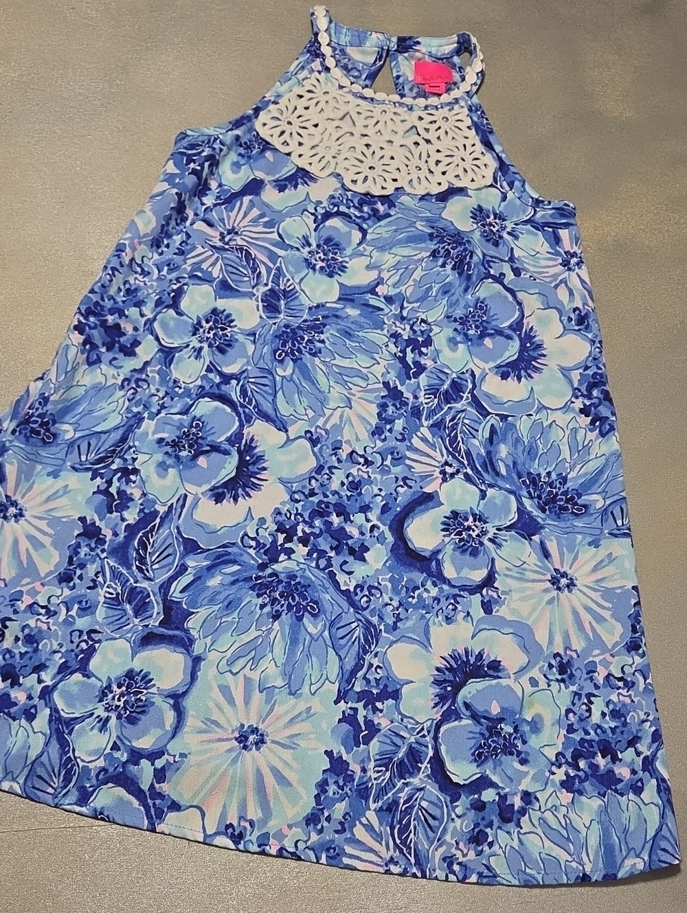 Lilly Pulitzer Blue Floral Halter Dress with White Crochet Yoke